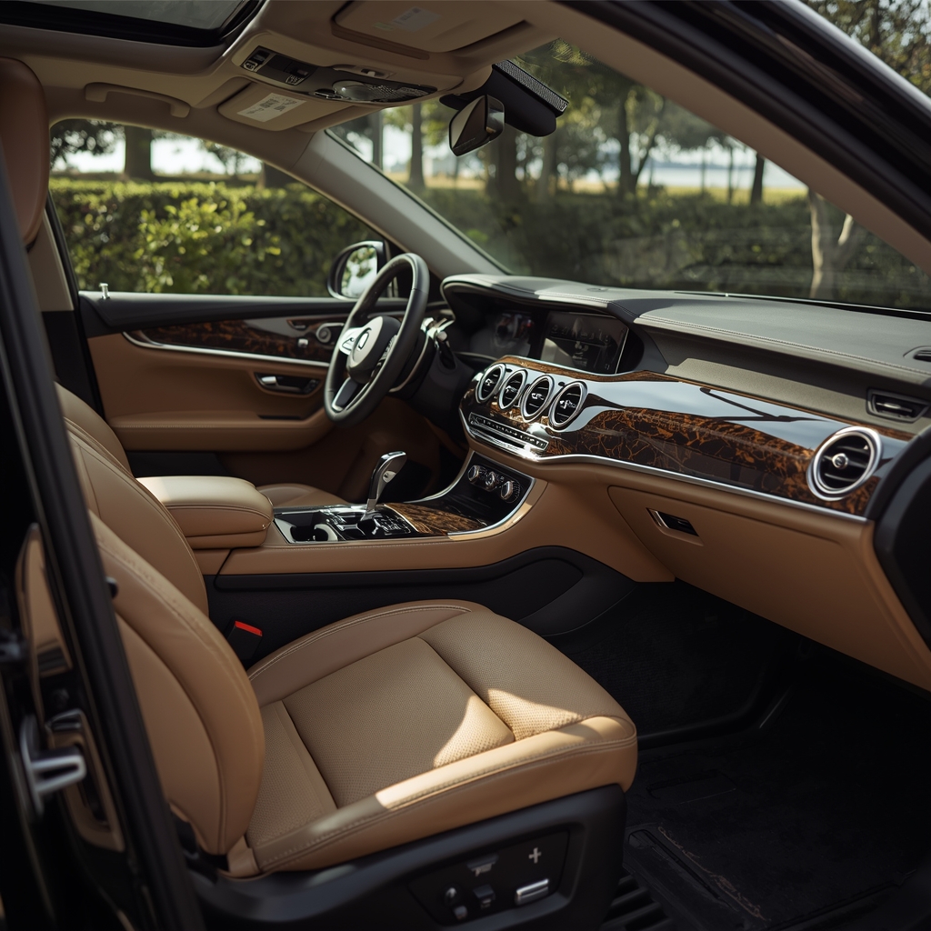 Interior shot of a luxury suv with beige leather seats and advanced wooden dashboard in natural light